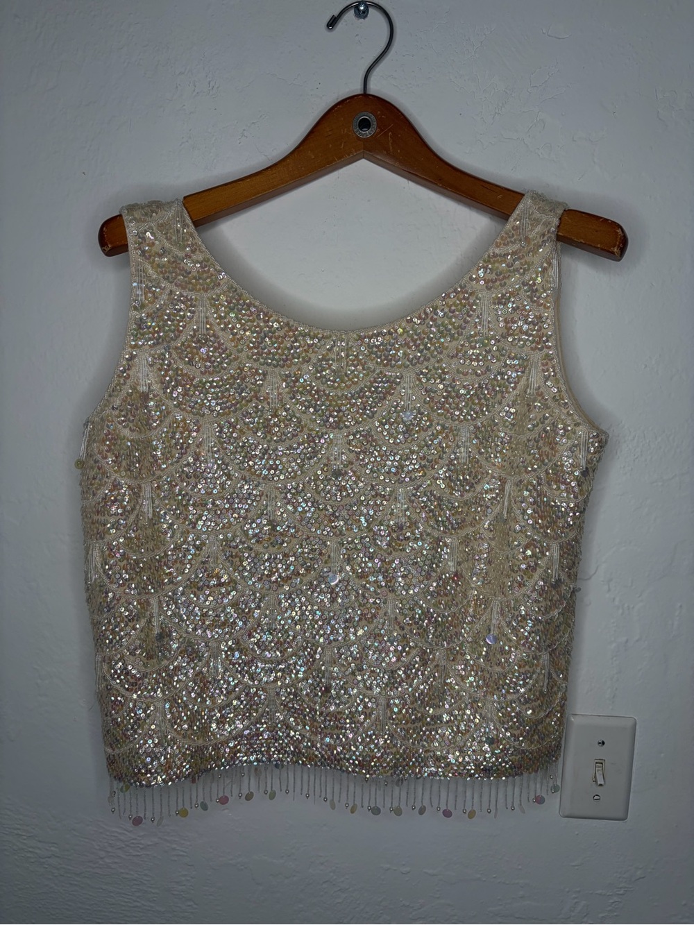 Vintage Beaded Ivory Wool Sequin Tank Top Made in Hong Kong